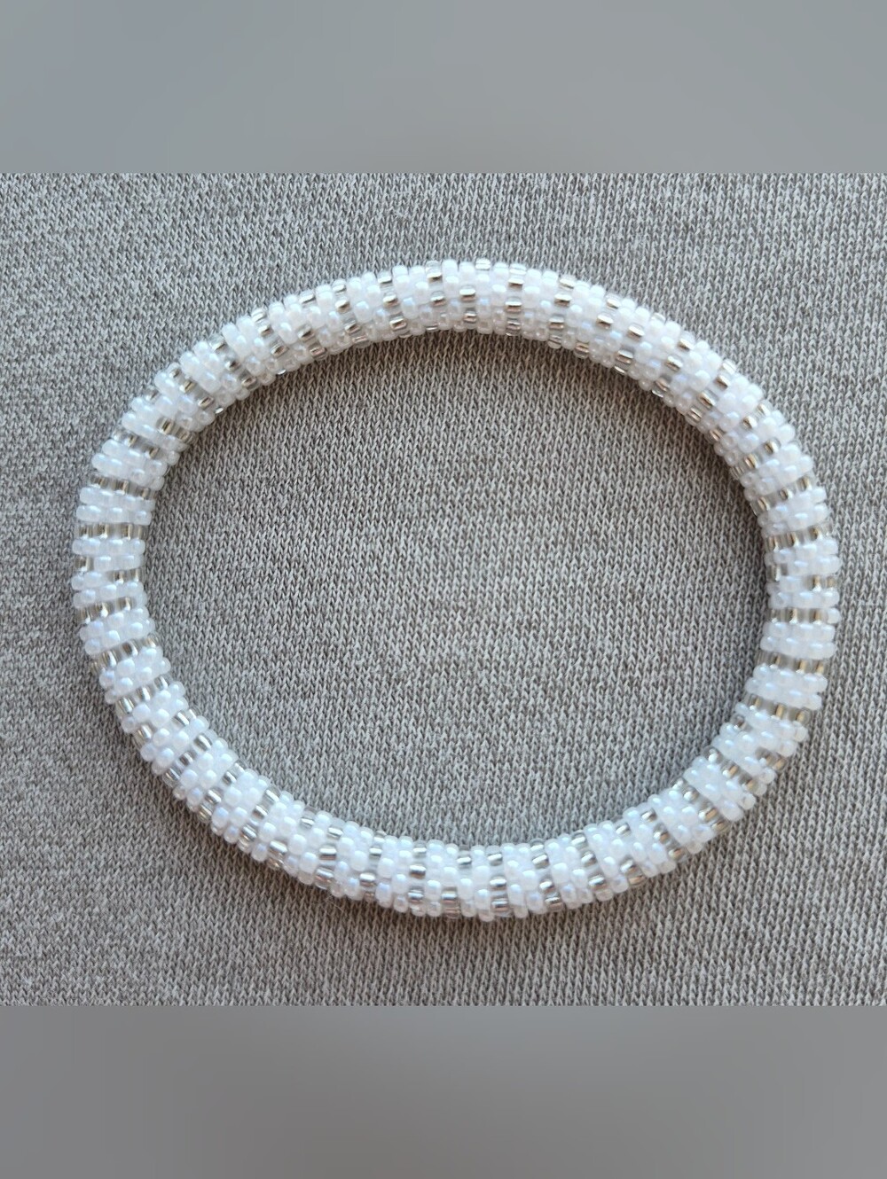 Handmade White Beaded Bracelet with Silver Accent Beads - Picture 2 of 2